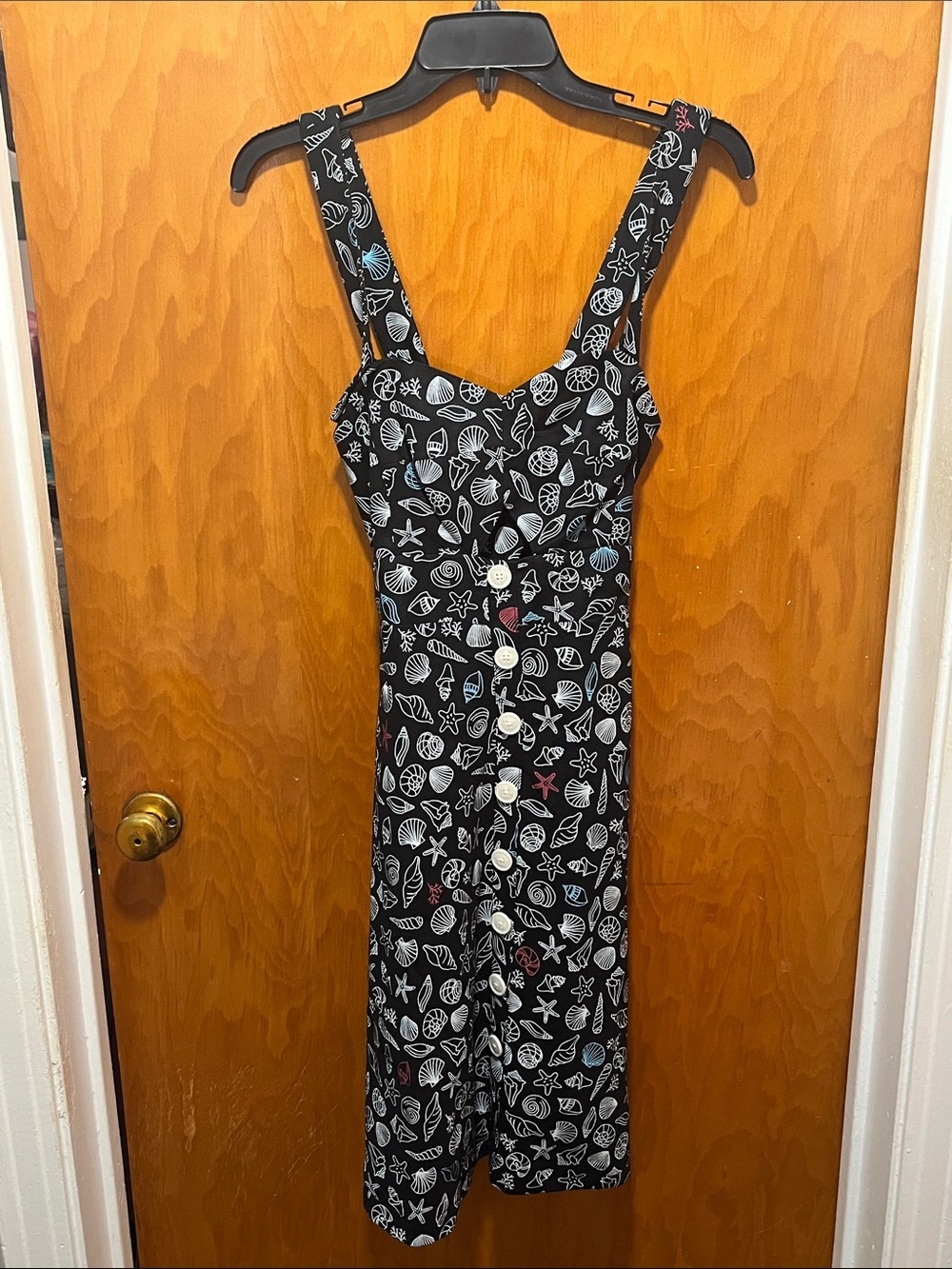 Modcloth Black Seashell & Starfish Print Button-Front Midi Dress